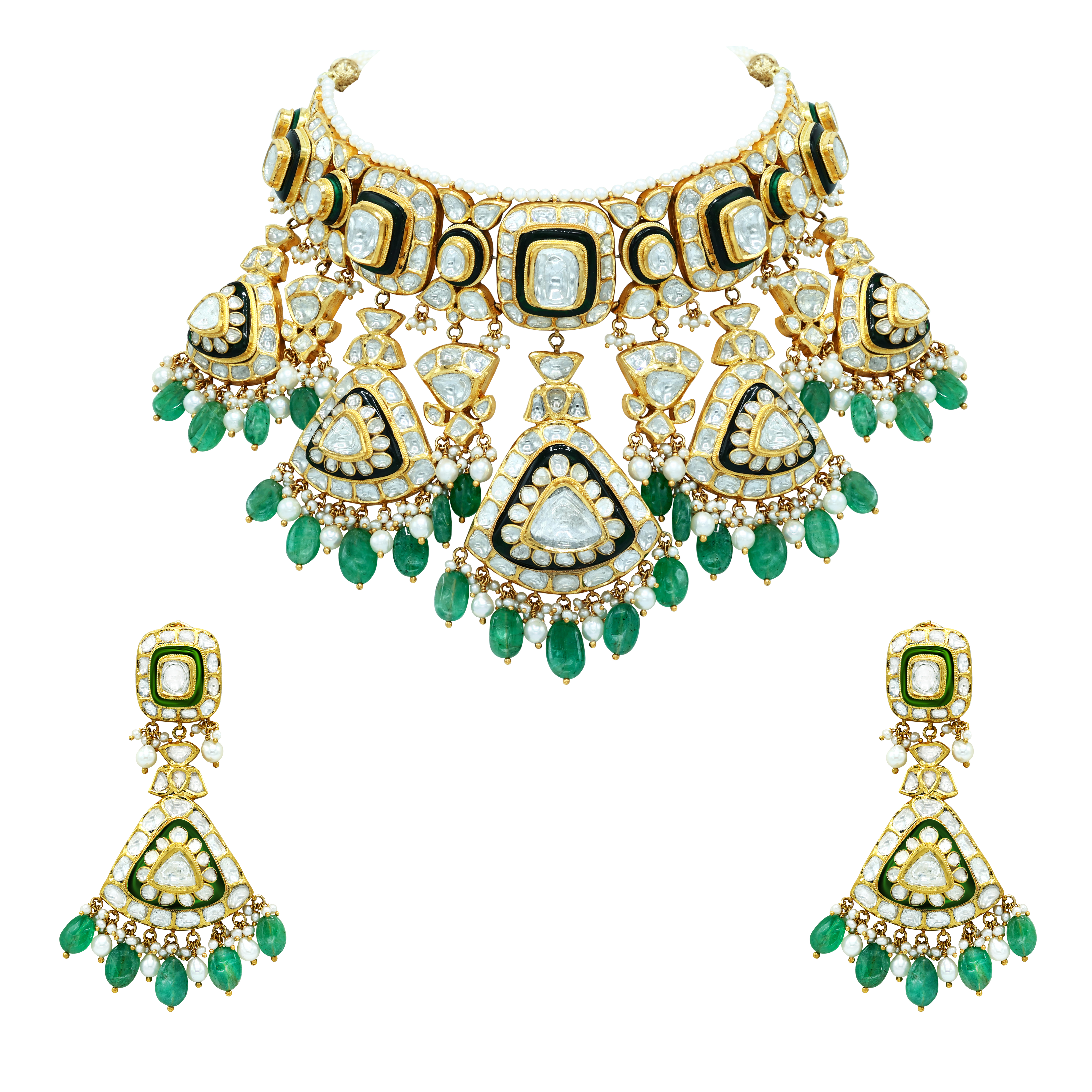 Polki Choker Set with Green Enamel and Emerald Drop Details
